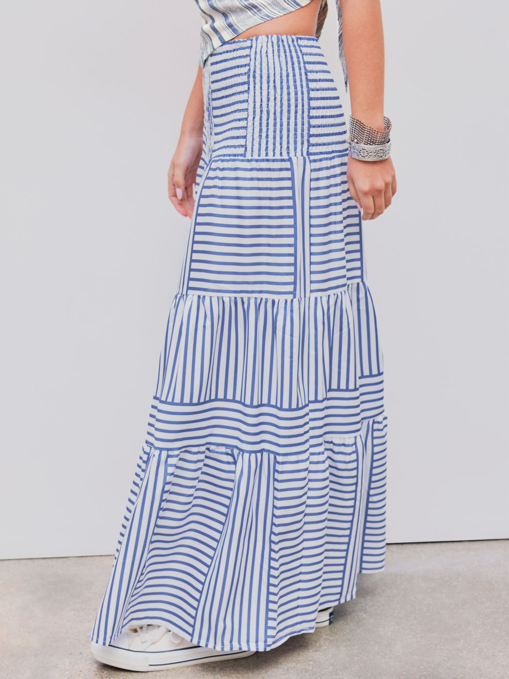 Two Way High Rise Striped Shirred Maxi Skirt