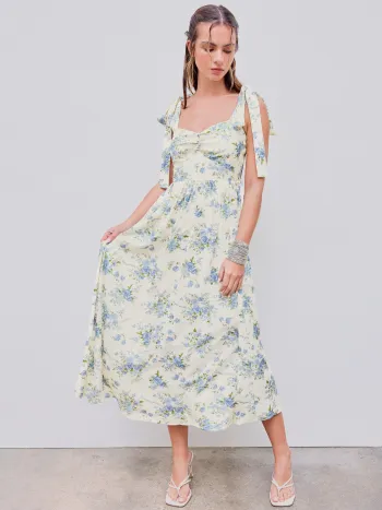 V-Ausschnitt Schleife Blumen Rüschen Midikleid