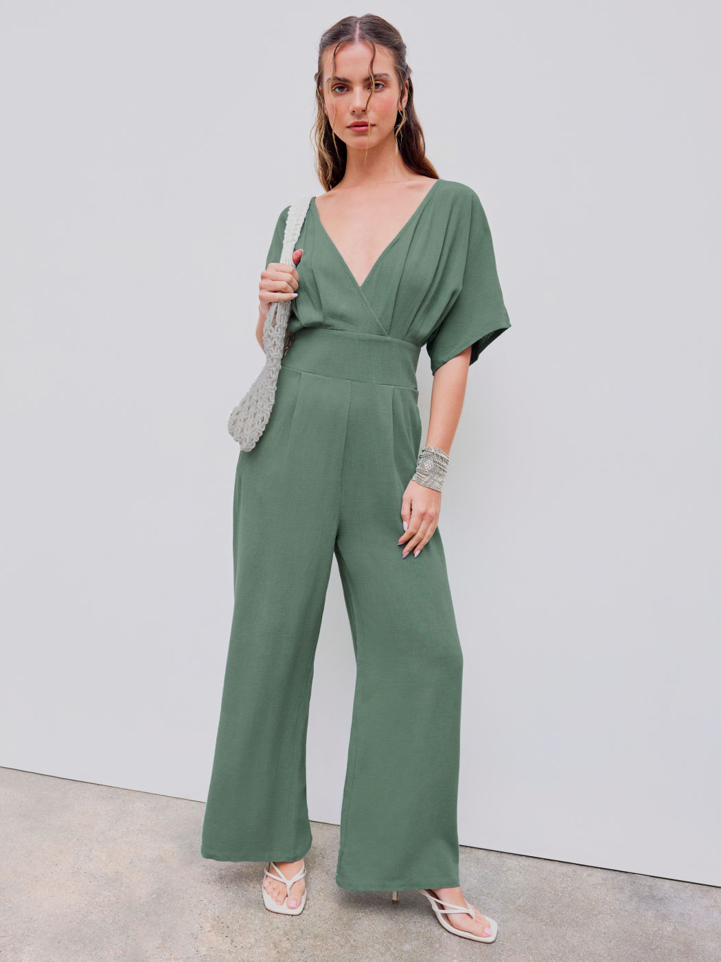 Leinenmischung V-Ausschnitt Solid Korsett Mittelärmel Taschen Overalls