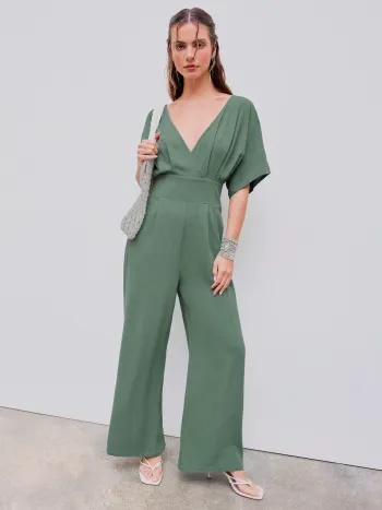 Linen-blend V-neck Solid Corset Middle Sleeve Pocket Jumpsuit