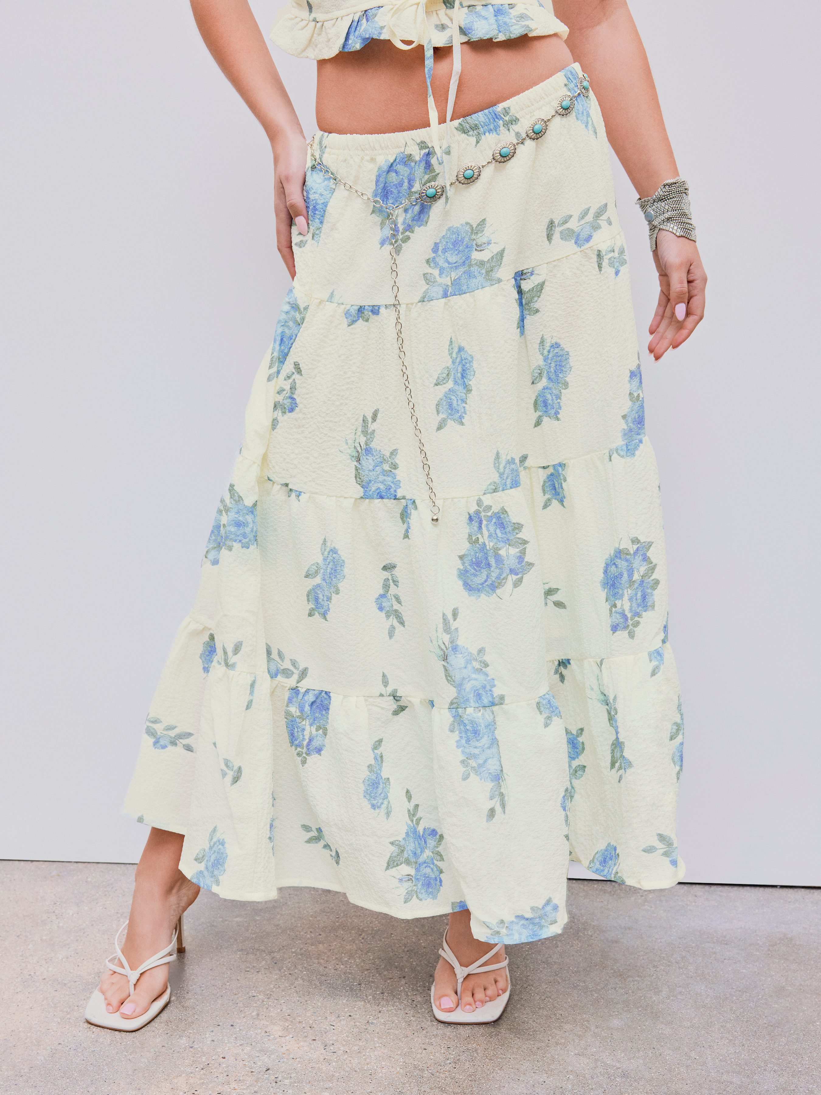 Mid Rise Floral Split Ruffle Hem Maxi Skirt For Vacation