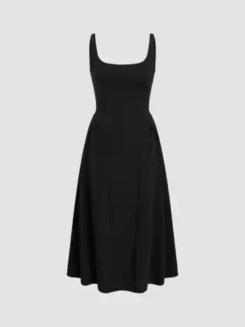 Woven Square Neck Solid Midi Dress