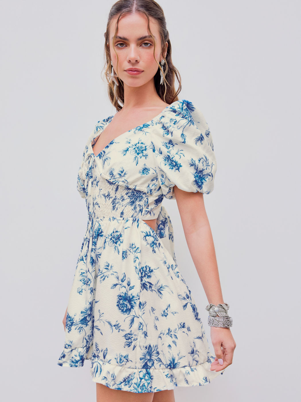 V-neck Floral Knotted Shirred Cut Out Mini Dress