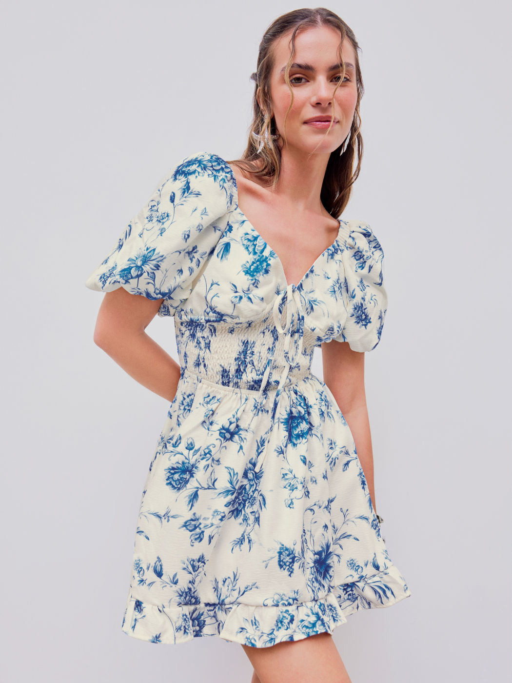 V-neck Floral Knotted Shirred Cut Out Mini Dress