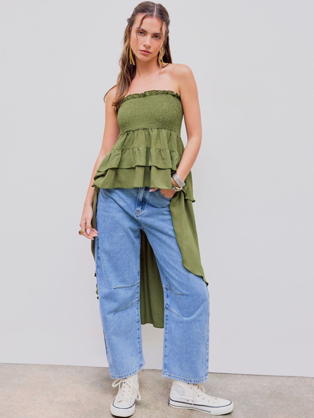 Two Way Strapless Shirred Ruffle Asymmetrical Hem Tube Blouse