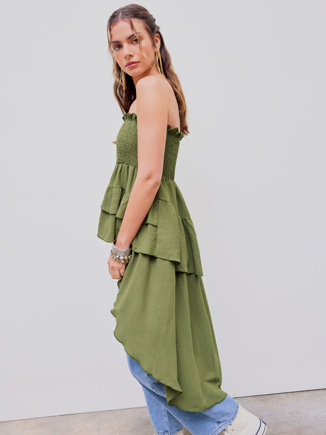 Two Way Strapless Shirred Ruffle Asymmetrical Hem Tube Blouse