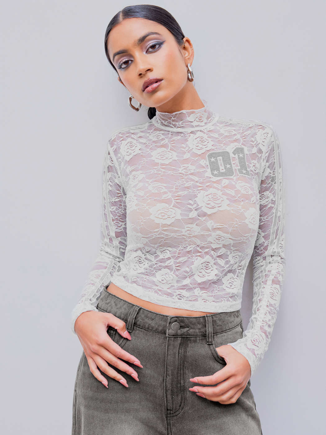 Col Montant Haut Dentelle Manche Longue Maillot De Corps Col