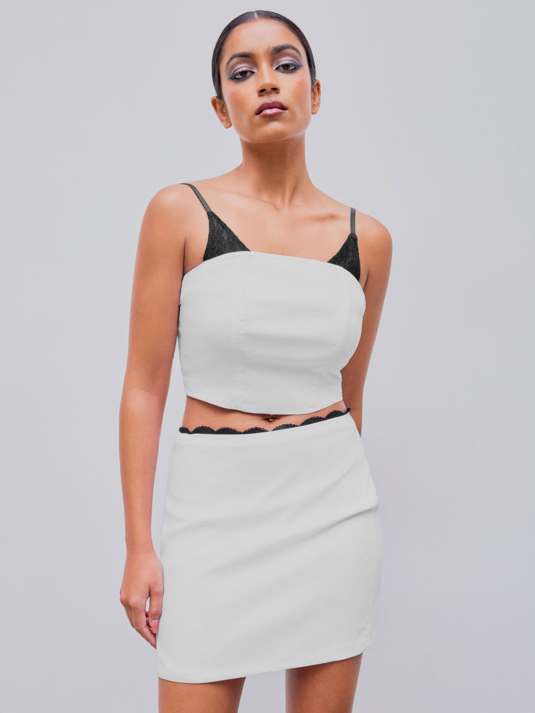 Lace Contrasting Binding Crop Cami Top & Lace Trim Mini Skirt