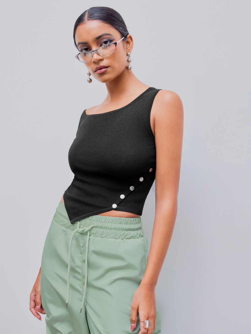 Asymmetrical Neck Rivet Solid Knitted Crop Top