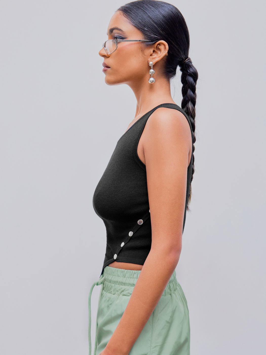 Asymmetrical Neck Rivet Solid Knitted Crop Top