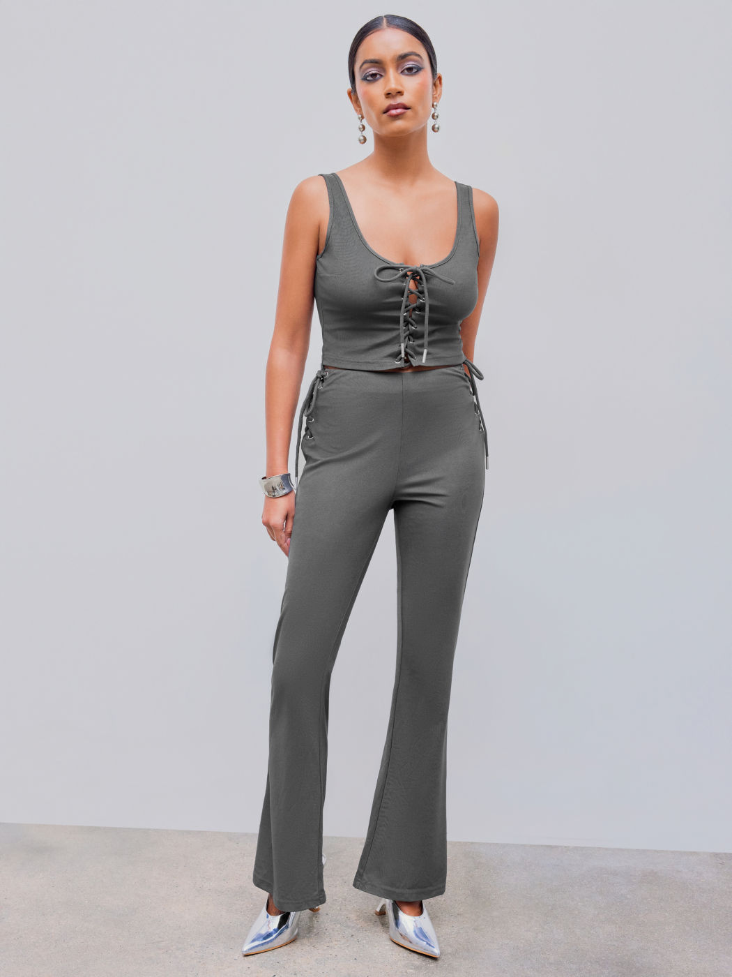 Terry Low Rise Lace Up Side Flared Trousers