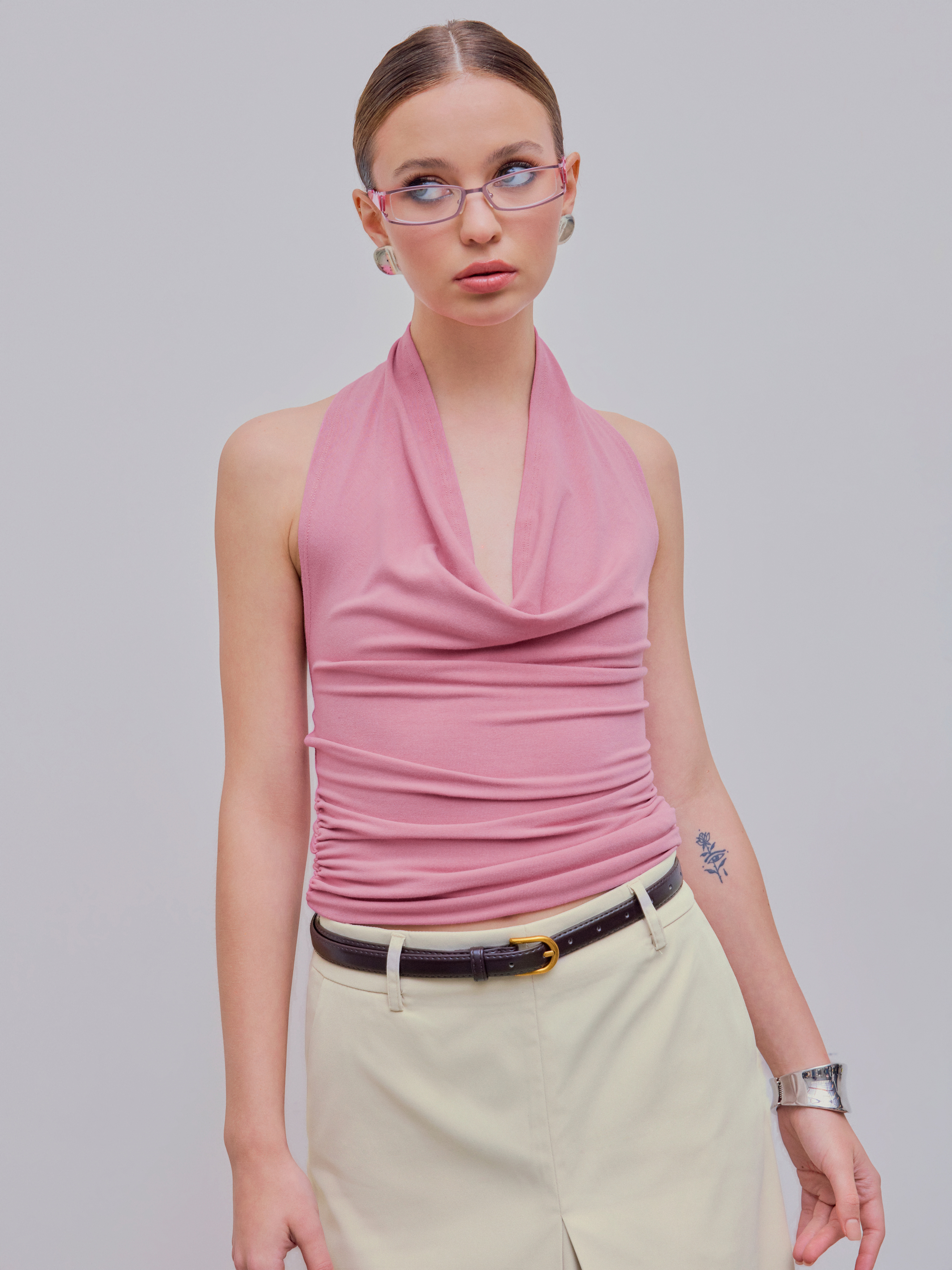 Knit Fabric Solid Ruched Halter Top For Date Vacation