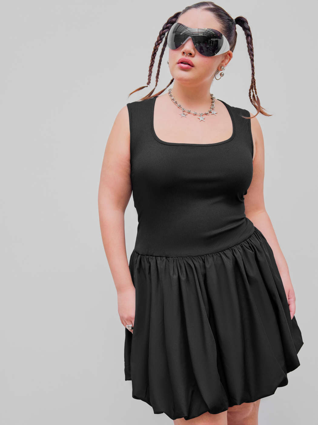 Bulle Ballon Vedette Tissé Tricot U-neck Bubble Hem Sleveless Mini