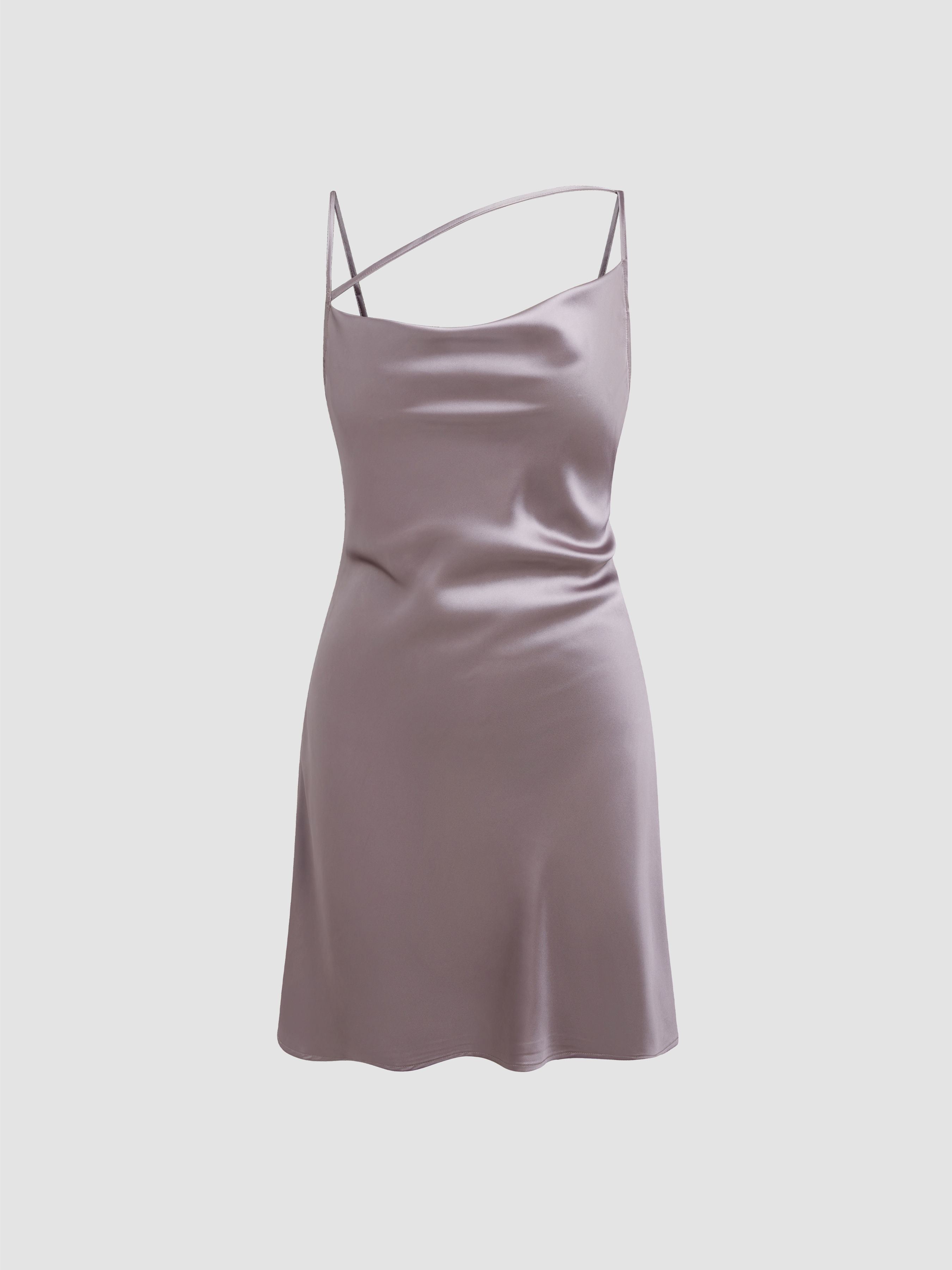 Satin Asymmetrical Neck Solid Mini Dress Cider 3674