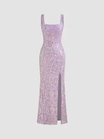  Abstraktes Pailletten Maxikleid mit eckigem Ausschnitt und Schlitz