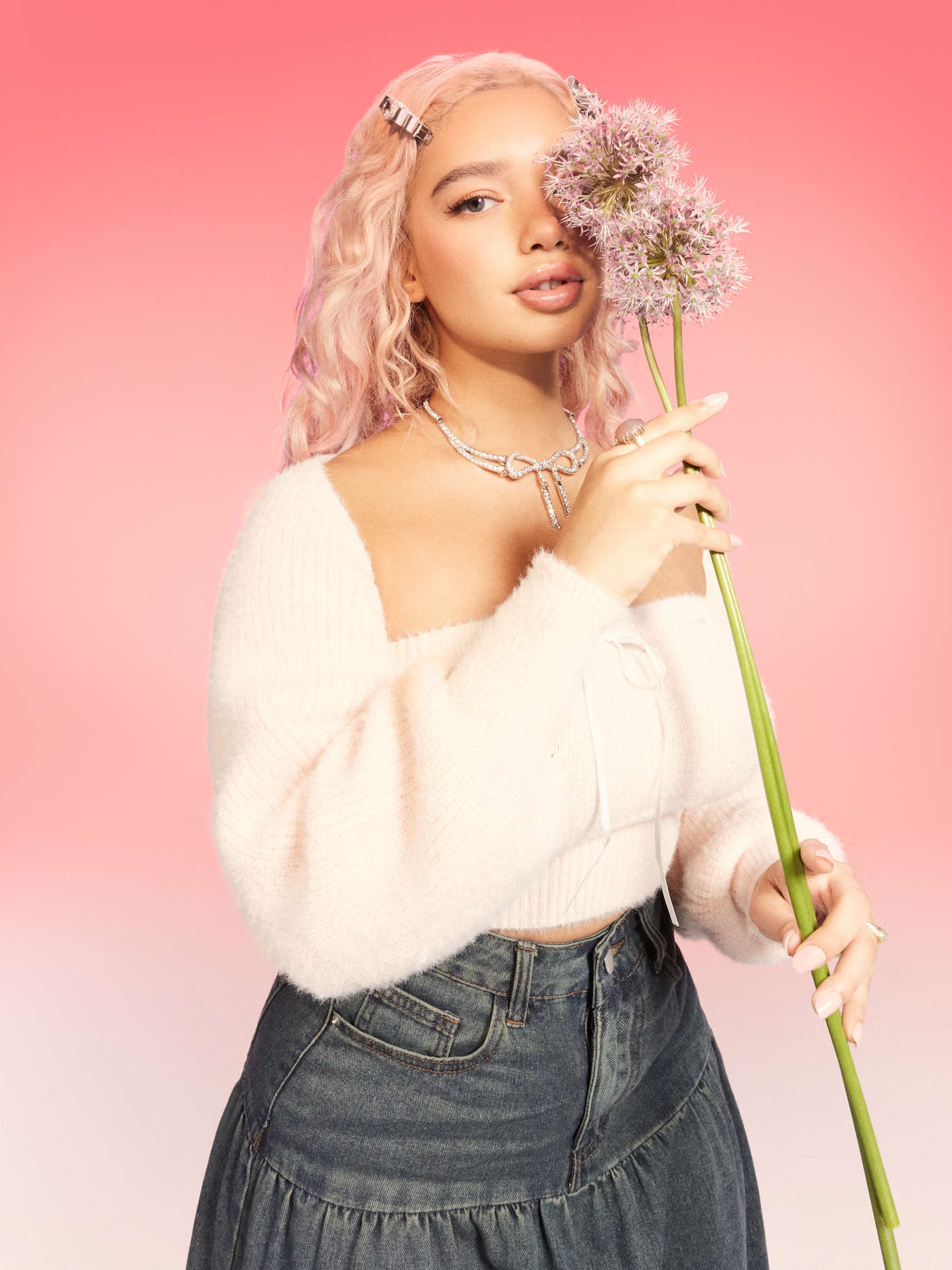 Knit Bowknot Tube Top With Long Sleeve Crop Shrug