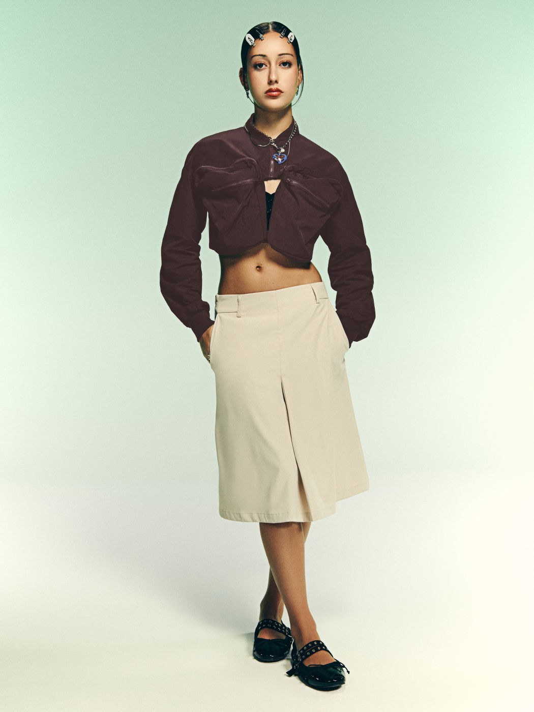 Mid Rise Split Pocket Midi Skirt With Belt