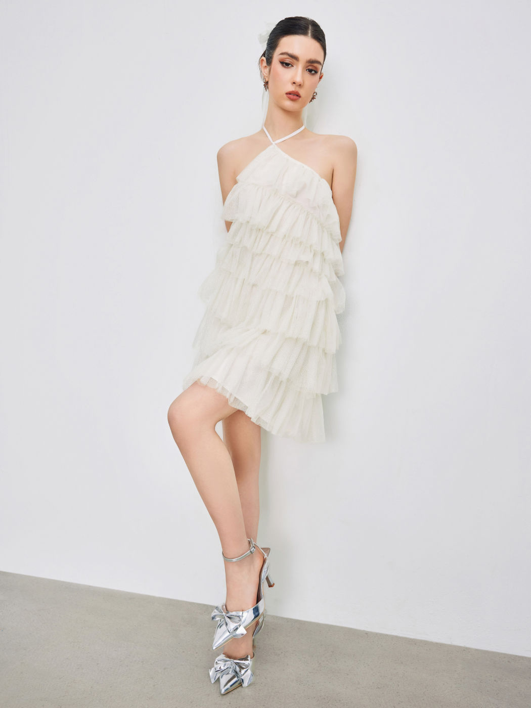 Mesh Glitter Halter Layered Ruffle Hem Mini Dress