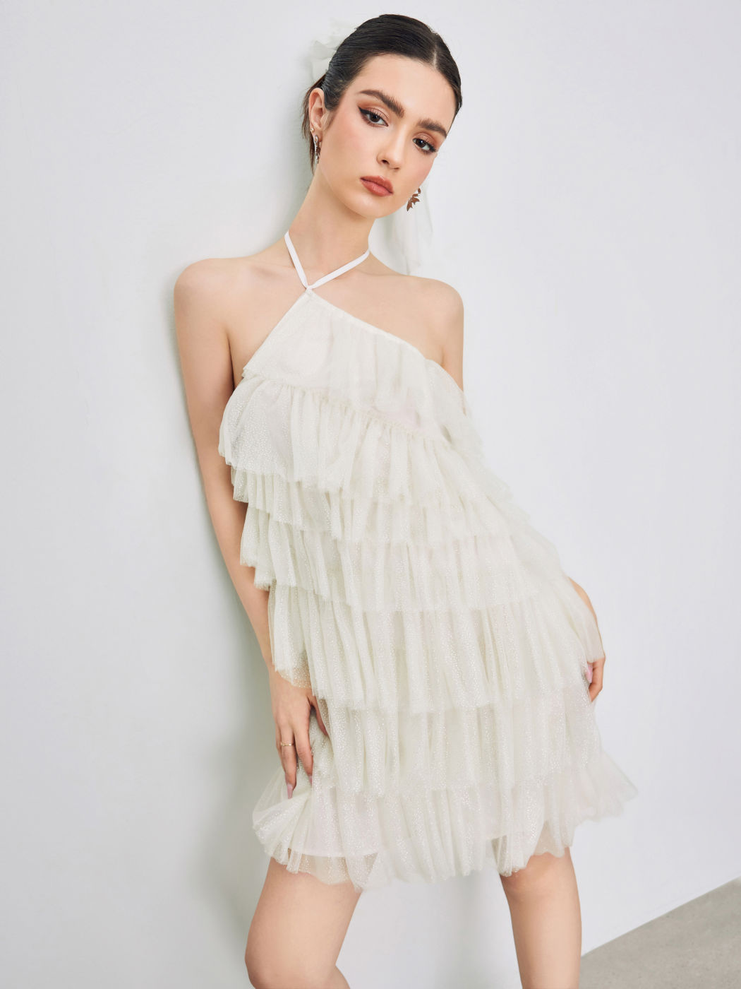 Mesh Glitter Halter Layered Ruffle Hem Mini Dress