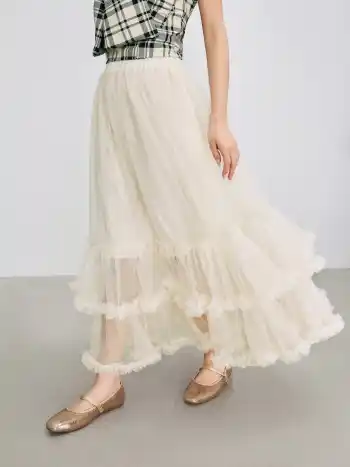 Voluminous Mesh Mid Rise Layered Tulle Ruffle Hem Maxi Skirt