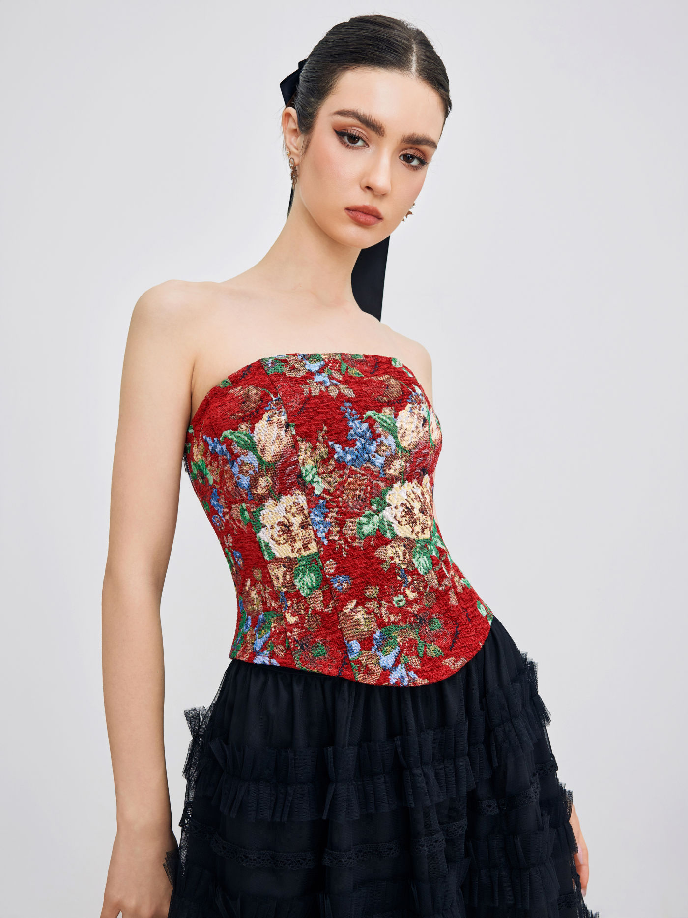 Bustier à fleurs sans bretelles à lacets