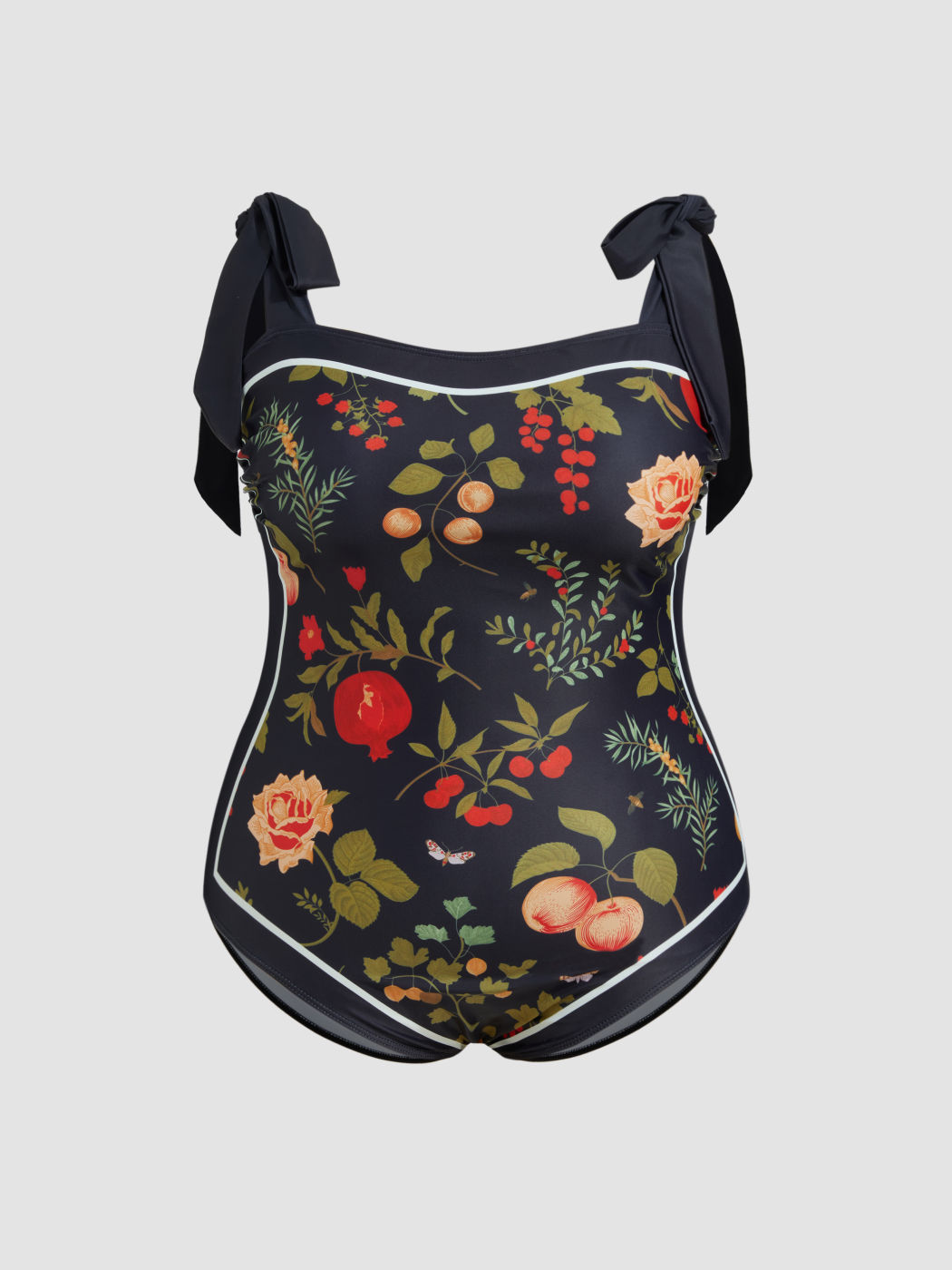 Shaping Square Neck Fruit & Floral Contrasting Binding Knotted One Piece Swimsuit Curve & Plus