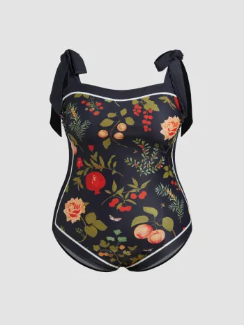 Shaping Square Neck Fruit & Floral Contrasting Binding Knotted One Piece Swimsuit Curve & Plus
