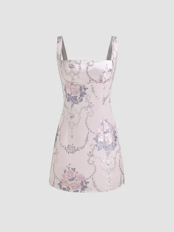 Jacquard Square Neck Floral Mini Dress