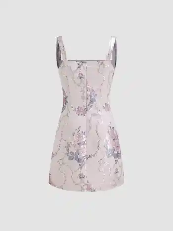 Jacquard Square Neck Floral Mini Dress