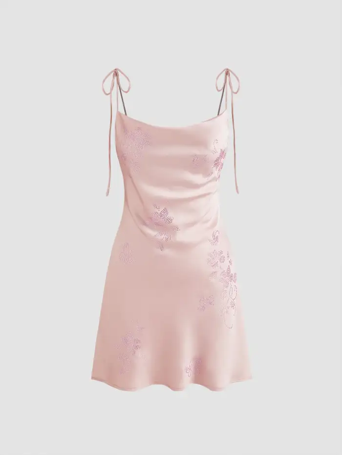 Hoco Dress Homecoming Dress Satin Satin Cowl Neck Floral Rhinestone Mini  Dress For Date
