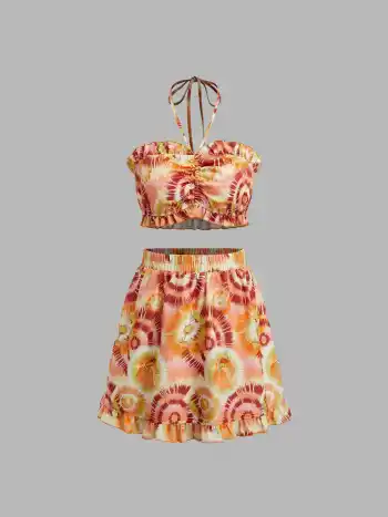 Woven Halter Floral Crop Top & Lettuce Trim Mid Rise Mini Skirt