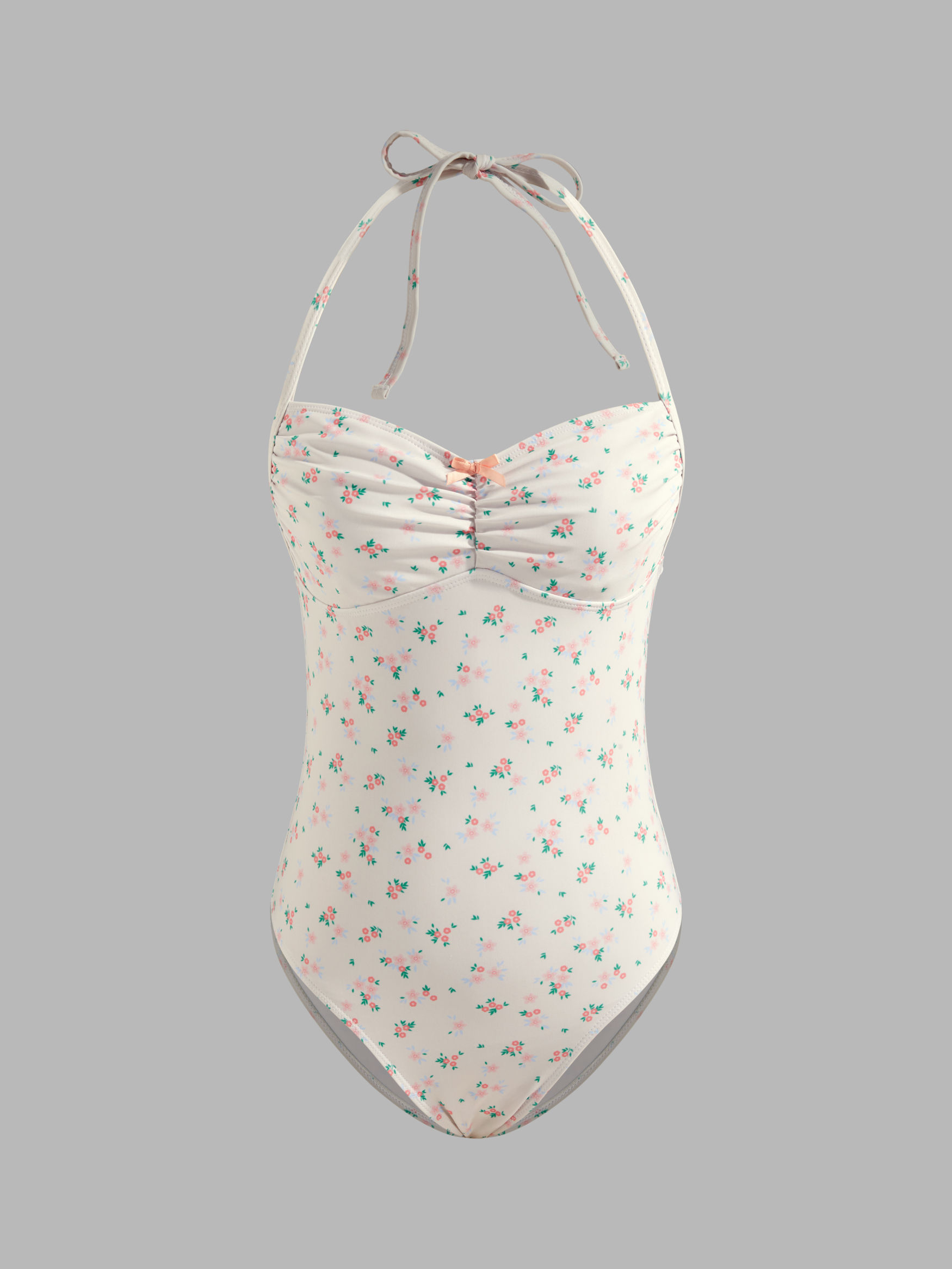 Shaping Halter Floral Bowknot Ruched One Piece Swimsuit