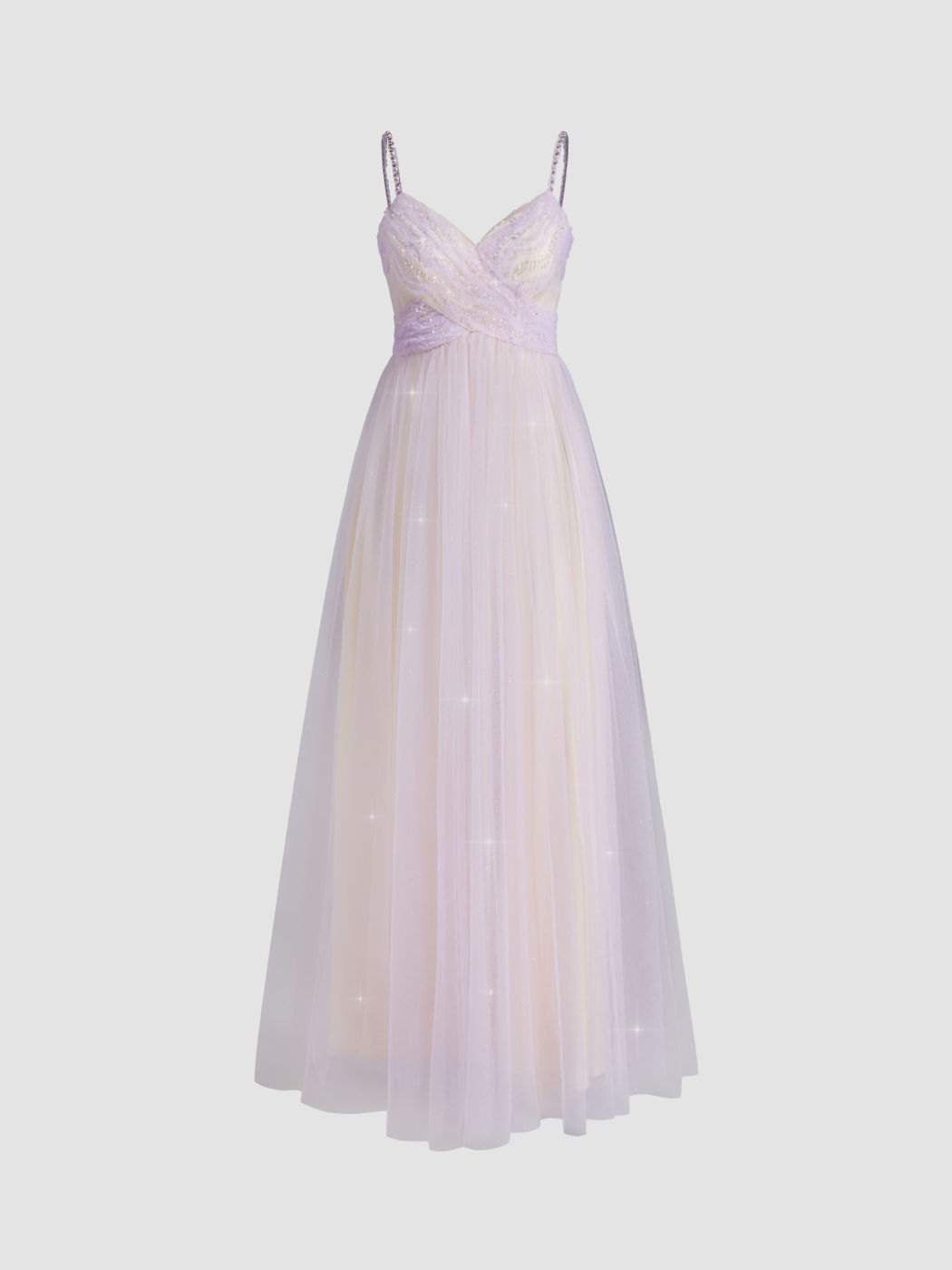Mesh V-neck Pearl Tulle Ruched Maxi Dress