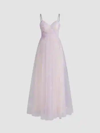 Mesh V-Ausschnitt Perlen Tüll Gerafftes Maxikleid