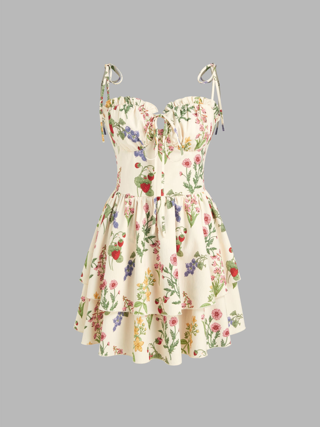 Woven Floral & Fruit Ruffle Hem Knotted Layered Mini Dress