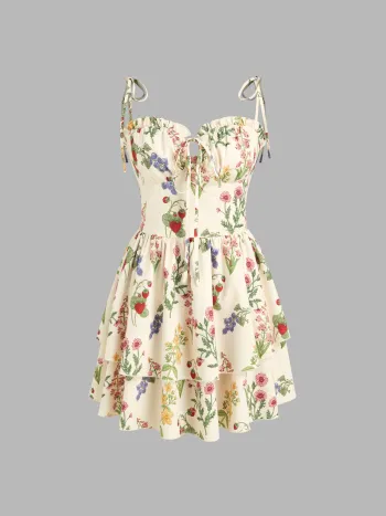 Woven Floral & Fruit Ruffle Hem Knotted Layered Mini Dress