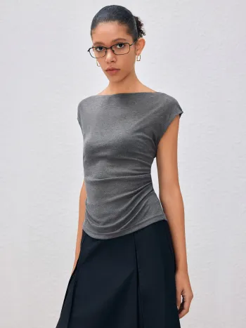 Boat Neck Solid Ruched Short Sleeve Top