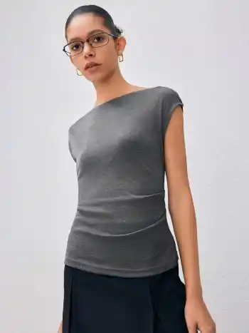 Boat Neck Solid Ruched Short Sleeve Top