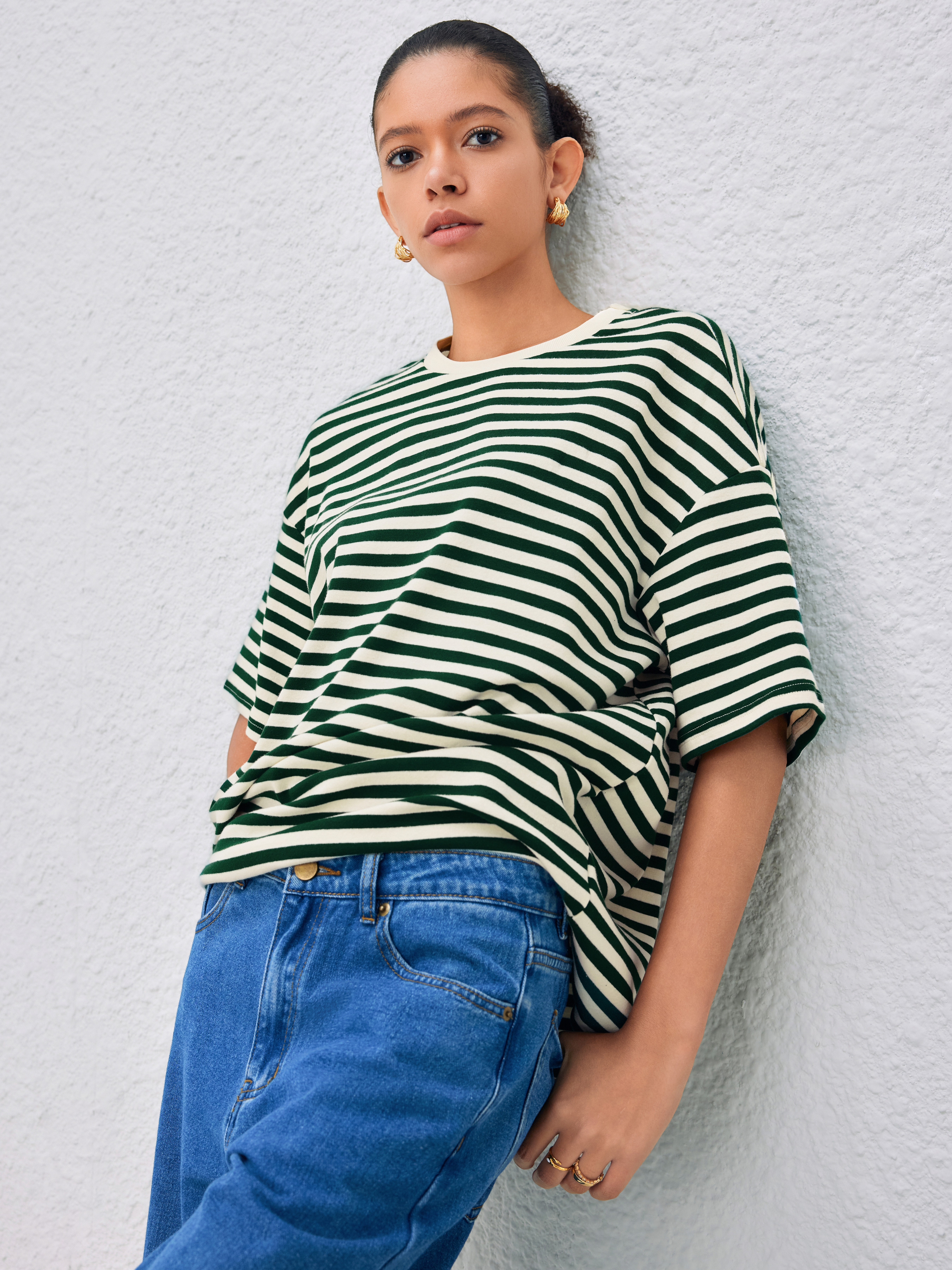 Cute Tops Knit Fabric Cotton Cotton-blend Round Neck Striped