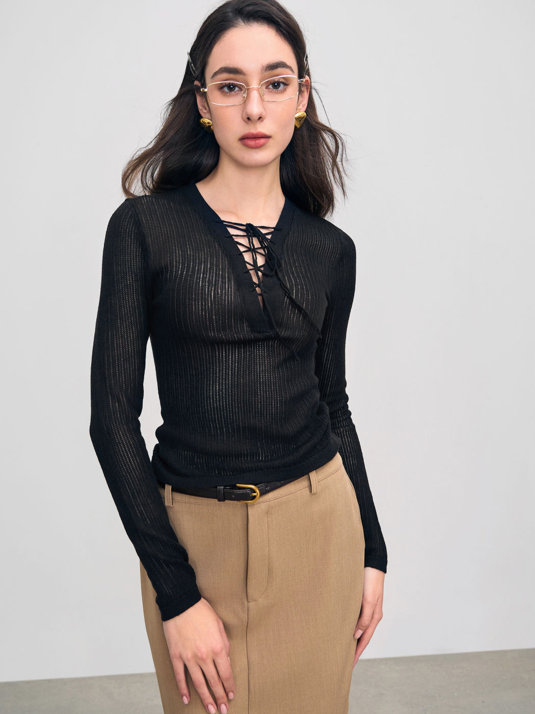 V-neck Lace  Up Solid Knitted Long Sleeve Top