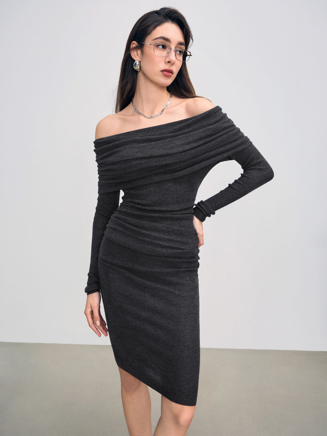 Knitted Off-shoulder Ruched Midi Dress