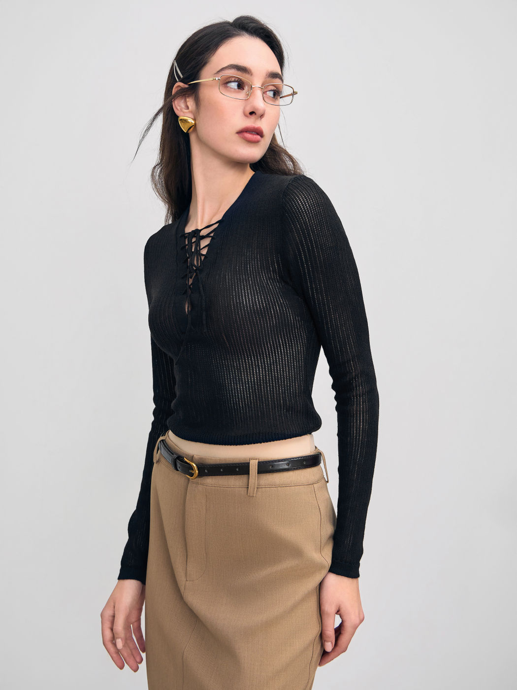 V-neck Lace  Up Solid Knitted Long Sleeve Top