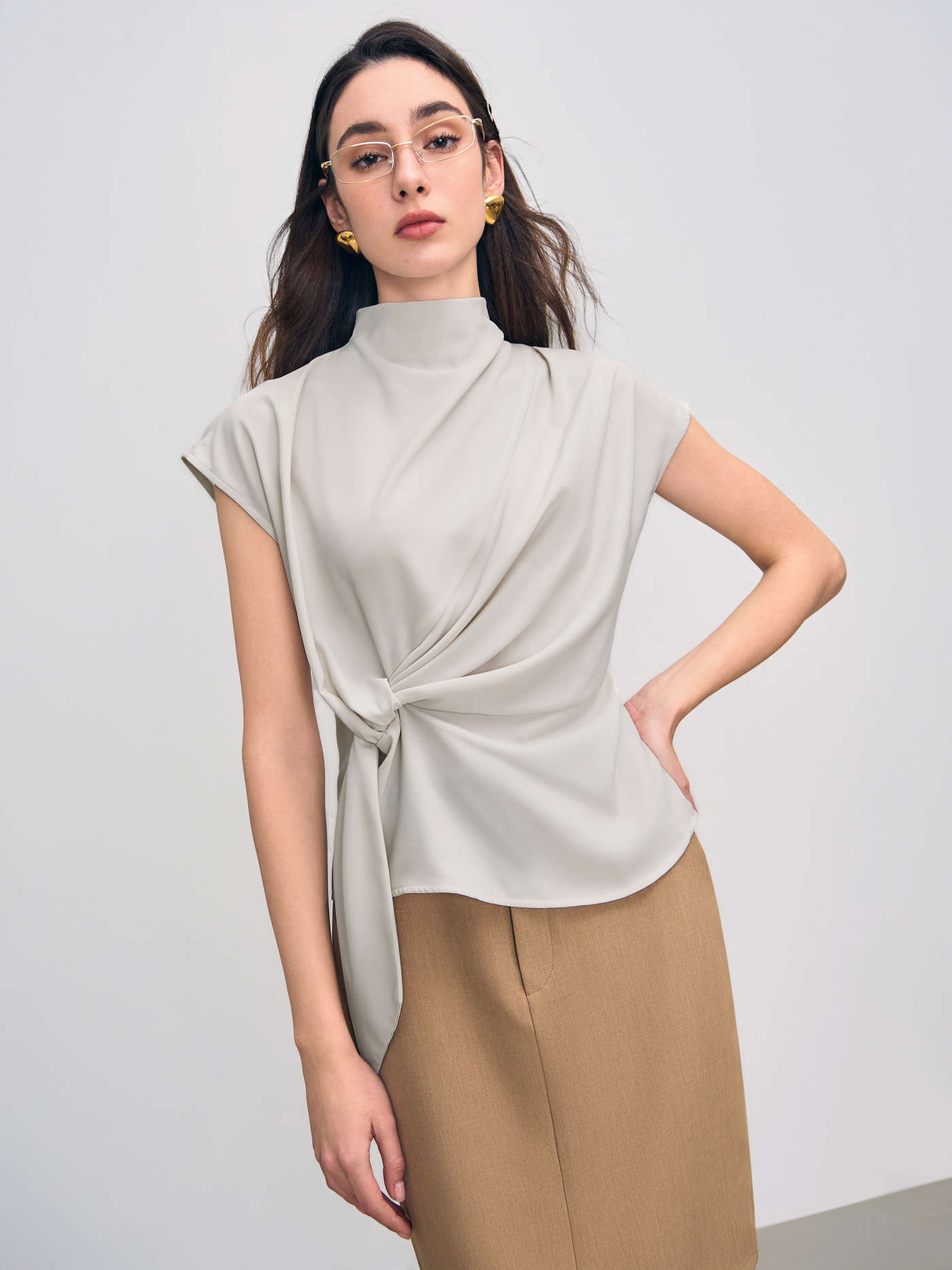 Woven Stand Collar Knotted Ruched Solid Short Sleeve Blouse For Work