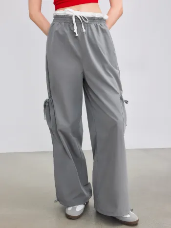 High Rise Lettuce Trim Wide Leg Cargo Pants