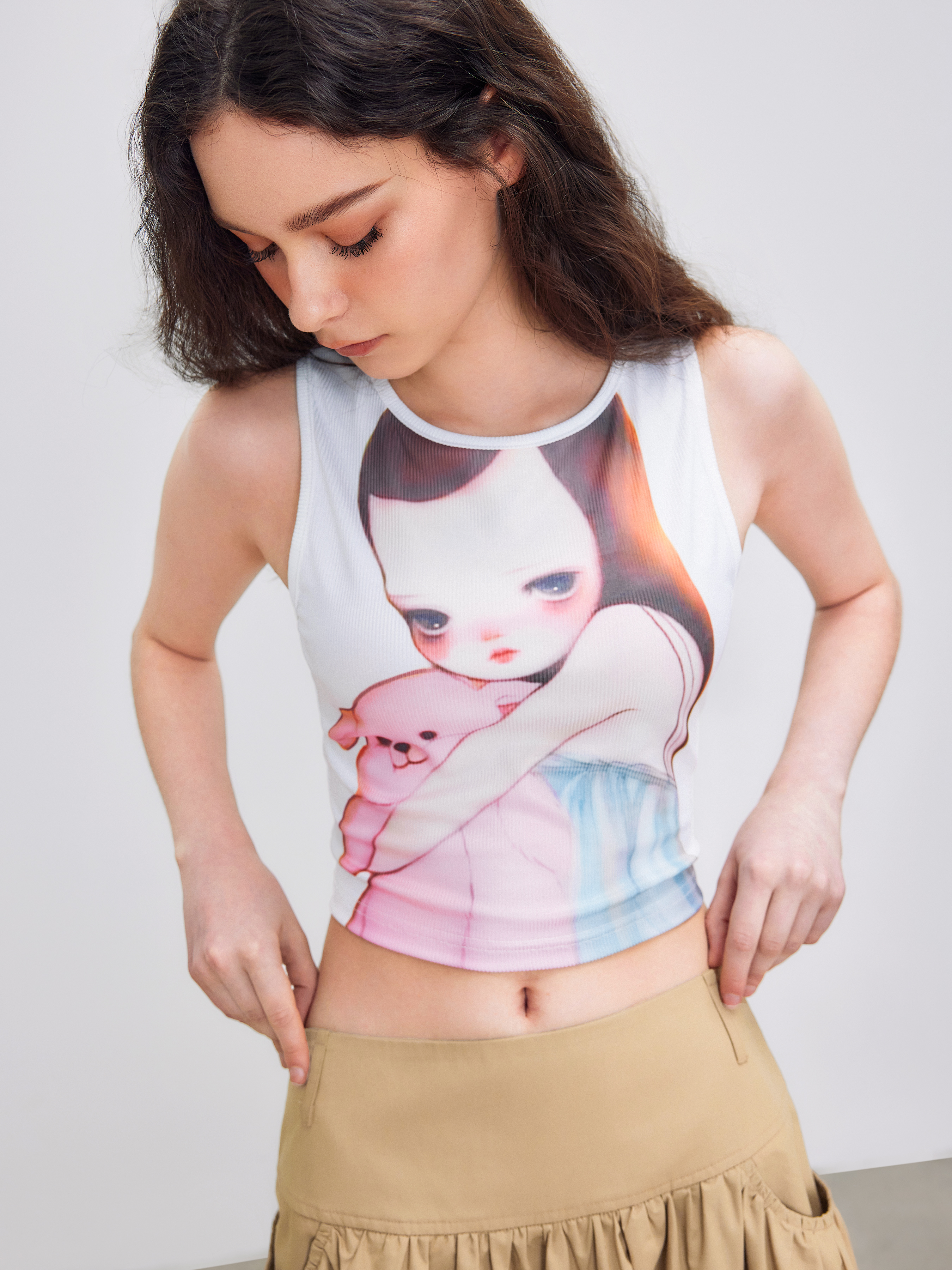 Round Neck Bear & Figure Graphic Crop Tank Top