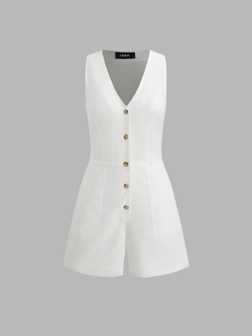 Woven V-neck Solid Button Pocket Romper