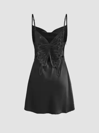 Satin Cowl Neck Ruched Butterfly Mini Dress