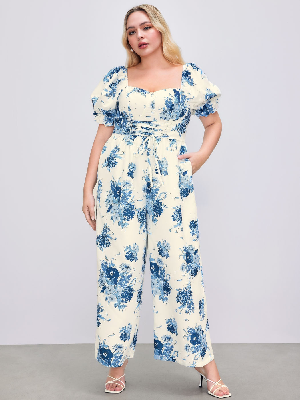 Square Neck Puff Sleeve Floral Jumpsuit Curve & Plus
