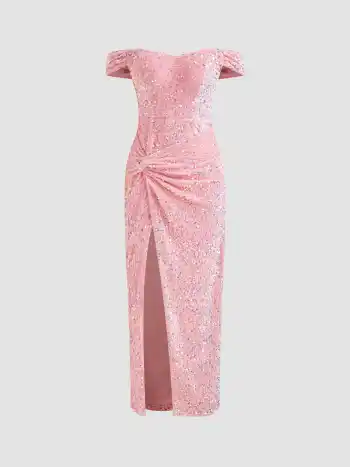 Velvet Sequin Off-shoulder Twist Split Maxi Dress