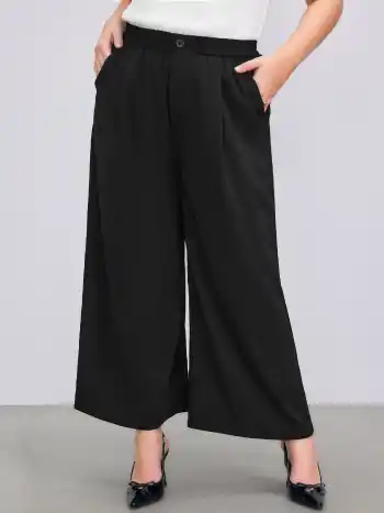 Einfarbige Hochbund-Pleat-Taschen-Breitbein-Hosen Kurve & Plus